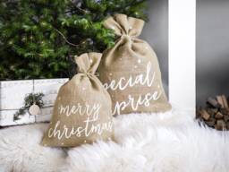 Merry Christmas Jute Sack - Natural Brown Hessian Stocking Gifts Rustic Holiday Decor - thumbnail 1