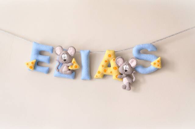 Nursery Decor, Mouse Cheese Mice Baby Felt Name Banner, Wall Art, Sign, Shower Gift - image 1