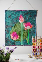 Pink Lotus Batik Fabric Collage Wall Hanging, Zen Meditation Room Fiber Art Quilt