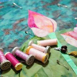 Pink Lotus Batik Fabric Collage Wall Hanging, Zen Meditation Room Fiber Art Quilt - thumbnail 3