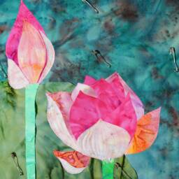 Pink Lotus Batik Fabric Collage Wall Hanging, Zen Meditation Room Fiber Art Quilt - thumbnail 4