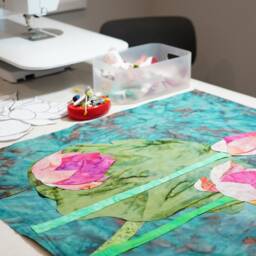 Pink Lotus Batik Fabric Collage Wall Hanging, Zen Meditation Room Fiber Art Quilt - thumbnail 2