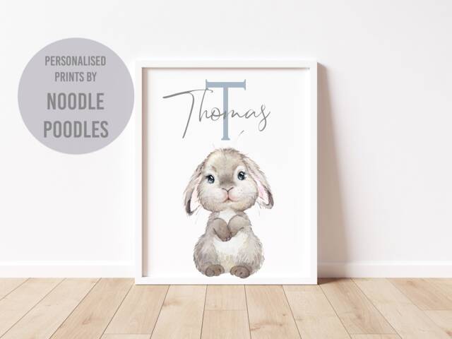 Boys Personalised Bunny Rabbit Baby A4 A5 A3 Nursery Print - New Gift Boy Name Initial Bedroom - image 1