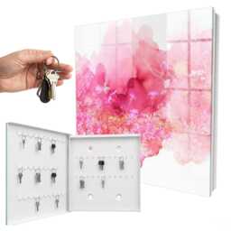 Floral Landscape Wall Mounted Key Cabinet, Pink Industrial Box, Watercolor Flowers & Plants, For Lovers Of Motifs - thumbnail 2