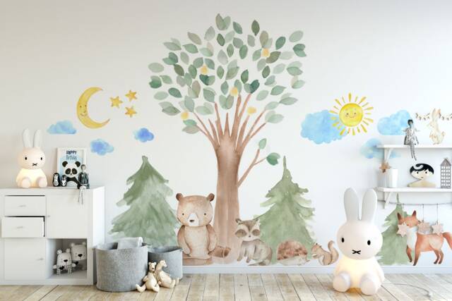 Woodland Wall Decal Nursery Trees & Forest Creatures - 24 Stickers Set - Hand Painted Decals, Oak Pine Tree Decor - image 1
