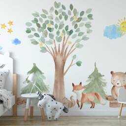 Woodland Wall Decal Nursery Trees & Forest Creatures - 24 Stickers Set - Hand Painted Decals, Oak Pine Tree Decor - thumbnail 3