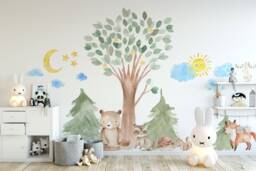Woodland Wall Decal Nursery Trees & Forest Creatures - 24 Stickers Set - Hand Painted Decals, Oak Pine Tree Decor