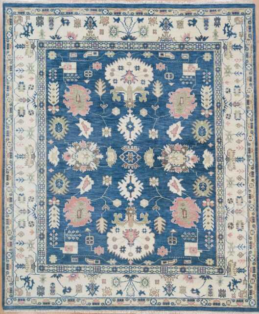 Blue Oushak Wool Rug, Pink Green Accents, 9x12 Area Rug Ar_2735 - image 1