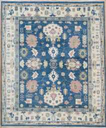 Blue Oushak Wool Rug, Pink Green Accents, 9x12 Area Rug Ar_2735 - thumbnail 1