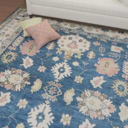 Blue Oushak Wool Rug, Pink Green Accents, 9x12 Area Rug Ar_2735 - thumbnail 2