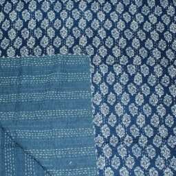 Indigo Kantha Quilt Blue Print Bedcover Handmade Blanket Throw - thumbnail 3