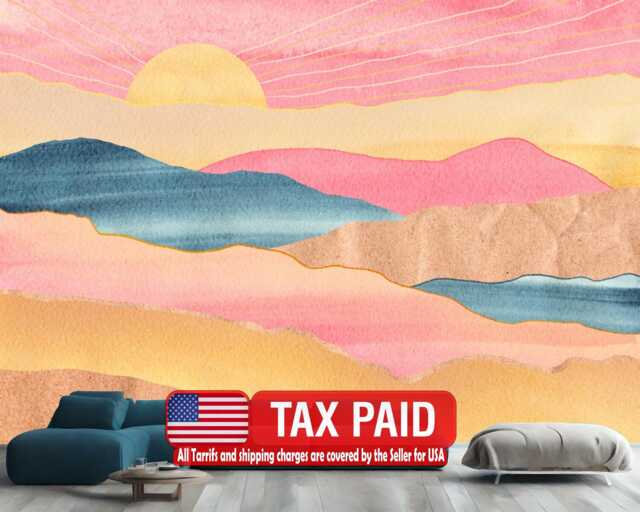 Wallpaper, Watercolor Sunrise Mountains Wall Mural, Easy-Install Peel & Stick - image 1