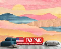 Wallpaper, Watercolor Sunrise Mountains Wall Mural, Easy-Install Peel & Stick - thumbnail 1