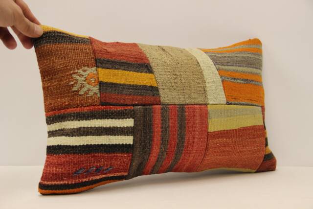 Vintage Turkish Kilim Lumbar Pillow Cover, Patchwork Wool, 12x20 - image 1