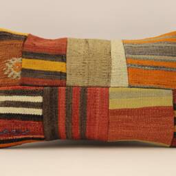 Vintage Turkish Kilim Lumbar Pillow Cover, Patchwork Wool, 12x20 - thumbnail 2
