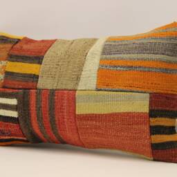 Vintage Turkish Kilim Lumbar Pillow Cover, Patchwork Wool, 12x20 - thumbnail 3