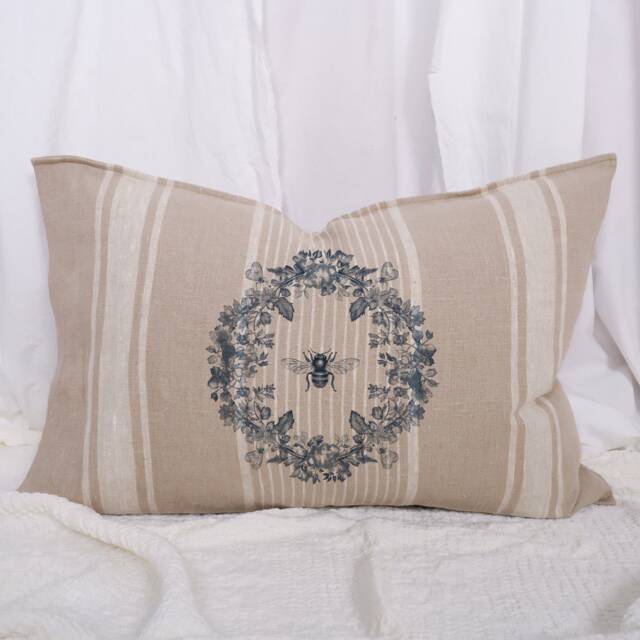 Striped Linen Pillowcase in French Country Style With Humble Bee & Floral Wreath Print, French Grainsack Cushion Cover - image 1