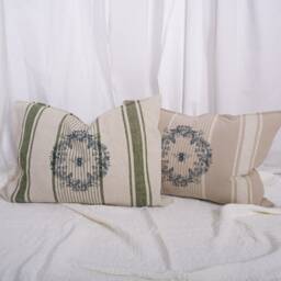 Striped Linen Pillowcase in French Country Style With Humble Bee & Floral Wreath Print, French Grainsack Cushion Cover - thumbnail 3