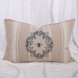 Striped Linen Pillowcase in French Country Style With Humble Bee & Floral Wreath Print, French Grainsack Cushion Cover - thumbnail 1