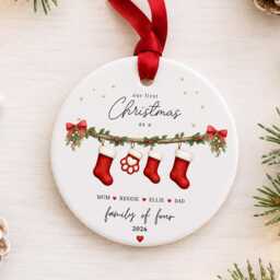 Our First Christmas As A Family Ornament Personalised Of Four Bauble Ceramic Decoration New Baby & Pet Keepsake Gift