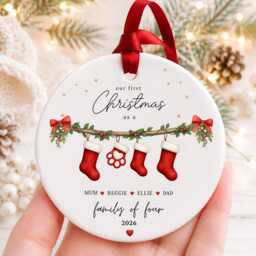 Our First Christmas As A Family Ornament Personalised Of Four Bauble Ceramic Decoration New Baby & Pet Keepsake Gift - thumbnail 2