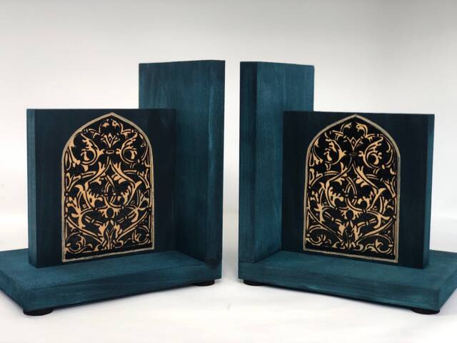 Bookends Arabesque Design Historical Old Window Blue Woodburning World Office Decor History Teacher Professor Gift - image 1