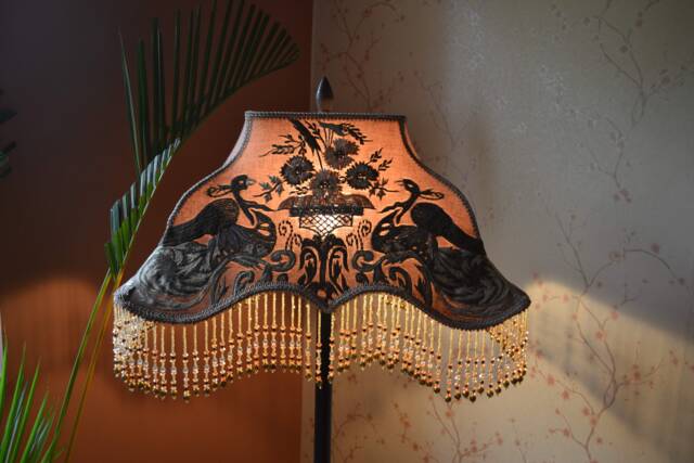 Hand Embroidered Lampshade Taupe Fabric Shade With Beaded Fringe - image 1