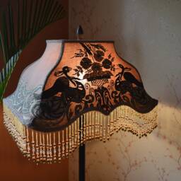 Hand Embroidered Lampshade Taupe Fabric Shade With Beaded Fringe - thumbnail 2