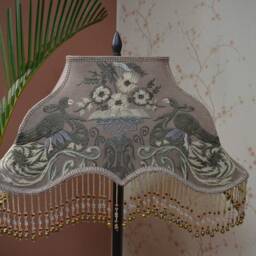 Hand Embroidered Lampshade Taupe Fabric Shade With Beaded Fringe - thumbnail 3