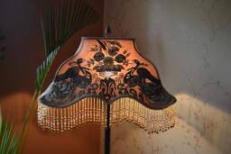 Hand Embroidered Lampshade Taupe Fabric Shade With Beaded Fringe - thumbnail 1