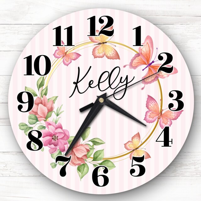 Pink Floral Butterflies Girls Room Custom Gift Personalised Clock - image 1