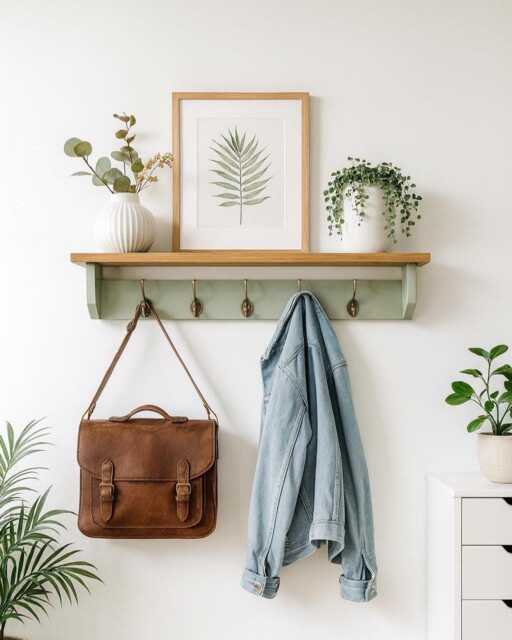 Sage Green Coat Rack With Shelf - Wall Hooks Farmhouse Entryway Storage Black, Chrome, Brass, Bronze, Copper Hook Options - image 1