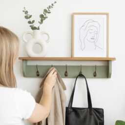 Sage Green Coat Rack With Shelf - Wall Hooks Farmhouse Entryway Storage Black, Chrome, Brass, Bronze, Copper Hook Options - thumbnail 3