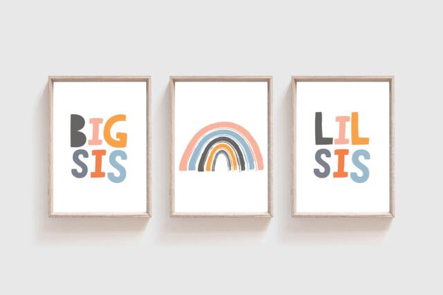 Set Of 3 Girls Nursery Prints, Rainbow Wall Art, Bedroom Big Sis Lil Sis, Pastel Colours - image 1