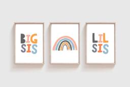 Set Of 3 Girls Nursery Prints, Rainbow Wall Art, Bedroom Big Sis Lil Sis, Pastel Colours - thumbnail 1