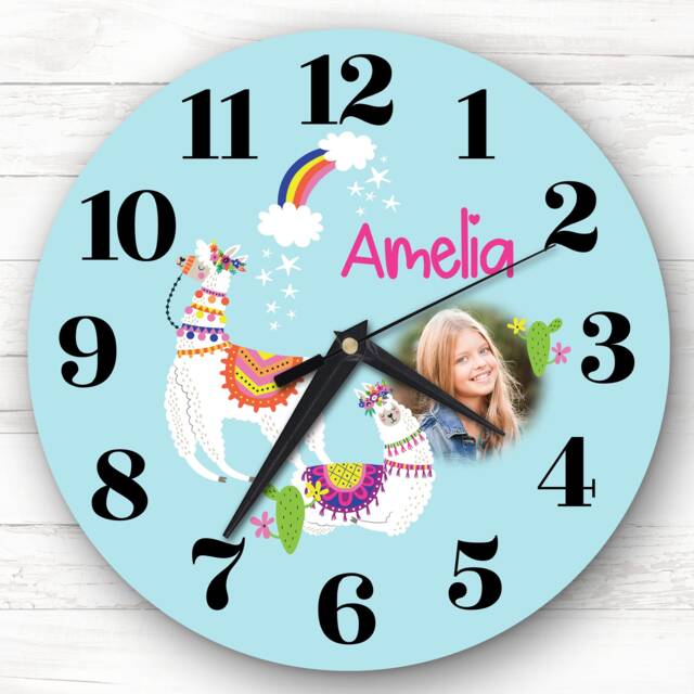 Lama Girl Photo Blue Personalised Gift Clock - image 1