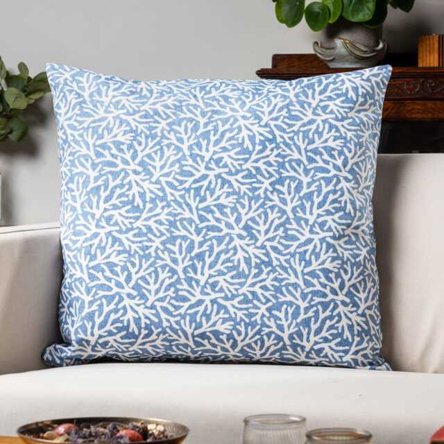 Coral Reef Extra-Large Cushion Cover. Botanical & Nautical Inspired Print in Denim Blue & Seafoam White. 23X23 - image 1