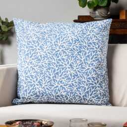 Coral Reef Extra-Large Cushion Cover. Botanical & Nautical Inspired Print in Denim Blue & Seafoam White. 23X23 - thumbnail 1