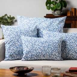 Coral Reef Extra-Large Cushion Cover. Botanical & Nautical Inspired Print in Denim Blue & Seafoam White. 23X23 - thumbnail 3