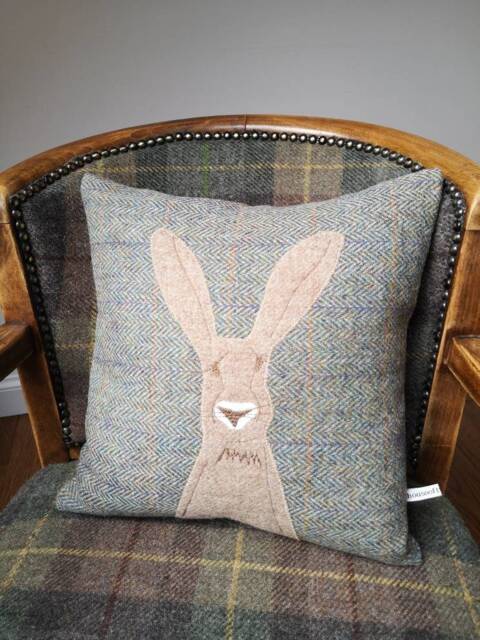 Hand Crafted Harris Tweed Hare Embroidered Cushion Cover - image 1