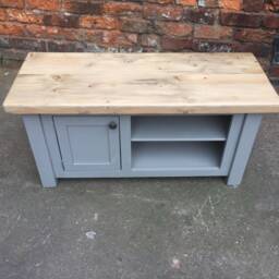 Shaker Style Rustic Pine Wood Top Tv Unit Painted Media Table With Cupboard & Shelves. Made To Measure, Any Size. Stained - thumbnail 2