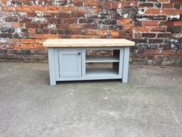 "Shaker Style Rustic Pine Wood Top Tv Unit Painted Media Table With Cupboard & Shelves. Made To Measure, Any Size. Stained "