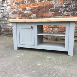Shaker Style Rustic Pine Wood Top Tv Unit Painted Media Table With Cupboard & Shelves. Made To Measure, Any Size. Stained - thumbnail 3