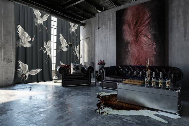 Set Of 2 Velvet Curtain Panels, Multifunctional Heading Curtains, Japanese Cranes - image 1