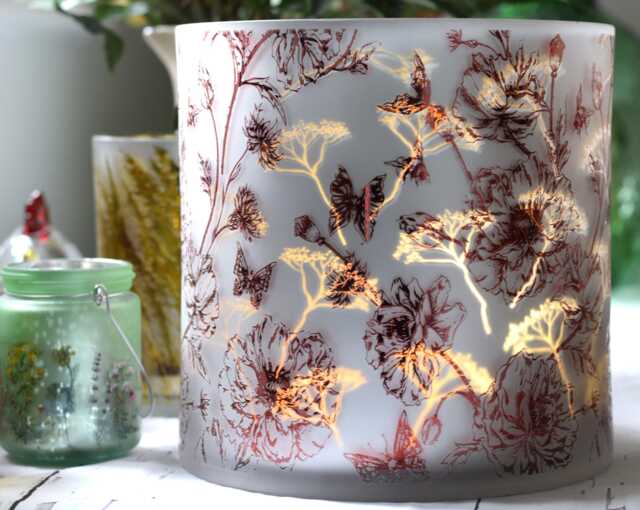 Extra Large Botanical Glass Candle Holder, Cottage Garden Floral Butterfly Design - image 1