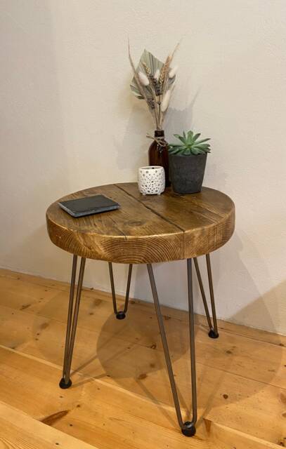 Handcrafted Rustic Wooden Round Side Table - Furniture Reclaimed Scaffold Boards Chunky Small - image 1