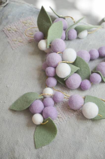 Garland in Lilac Purple White Wool With Green Merino Leaves - image 1