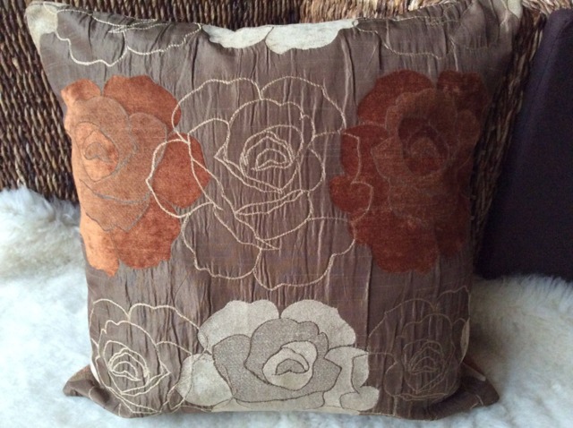Jacquard Reversible Cushion Cover - Light Brown/Light Beige/Terracotta, Chenille, Taffeta, Embroidered Flowers, High Quality - image 1