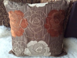 Jacquard Reversible Cushion Cover - Light Brown/Light Beige/Terracotta, Chenille, Taffeta, Embroidered Flowers, High Quality - thumbnail 1