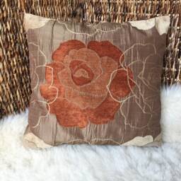 Jacquard Reversible Cushion Cover - Light Brown/Light Beige/Terracotta, Chenille, Taffeta, Embroidered Flowers, High Quality - thumbnail 2